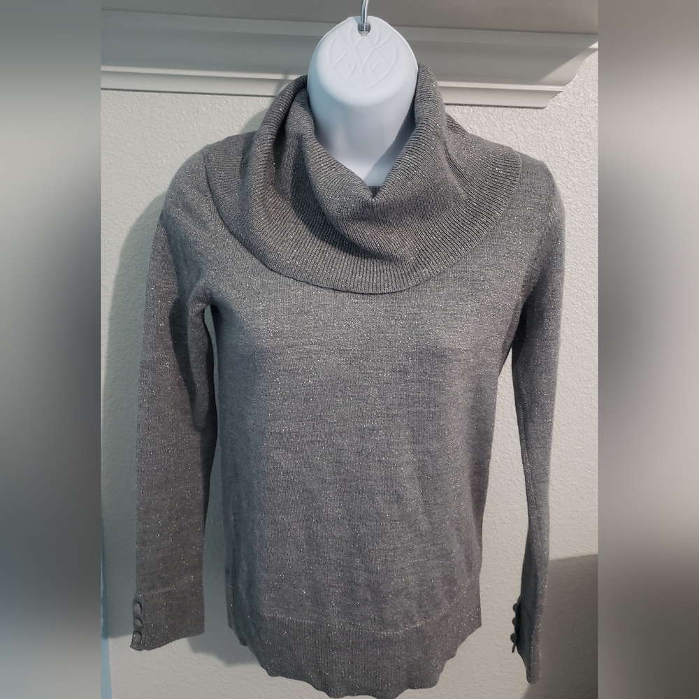 Talbots Petite Cowl Neck Women's Sweater Grey Metallic Merino Blend